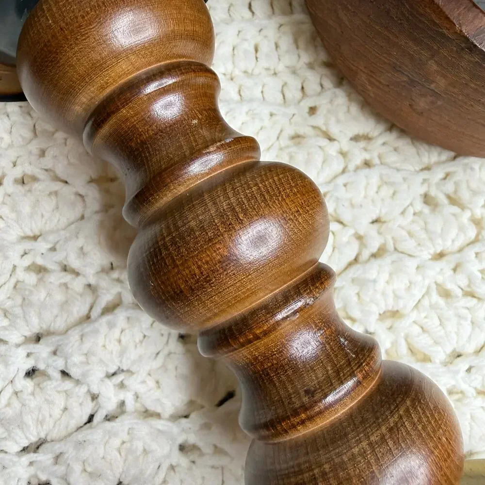 Vintage Mid Century Brass and Wood Candlestick Holders Set of Two Heavy